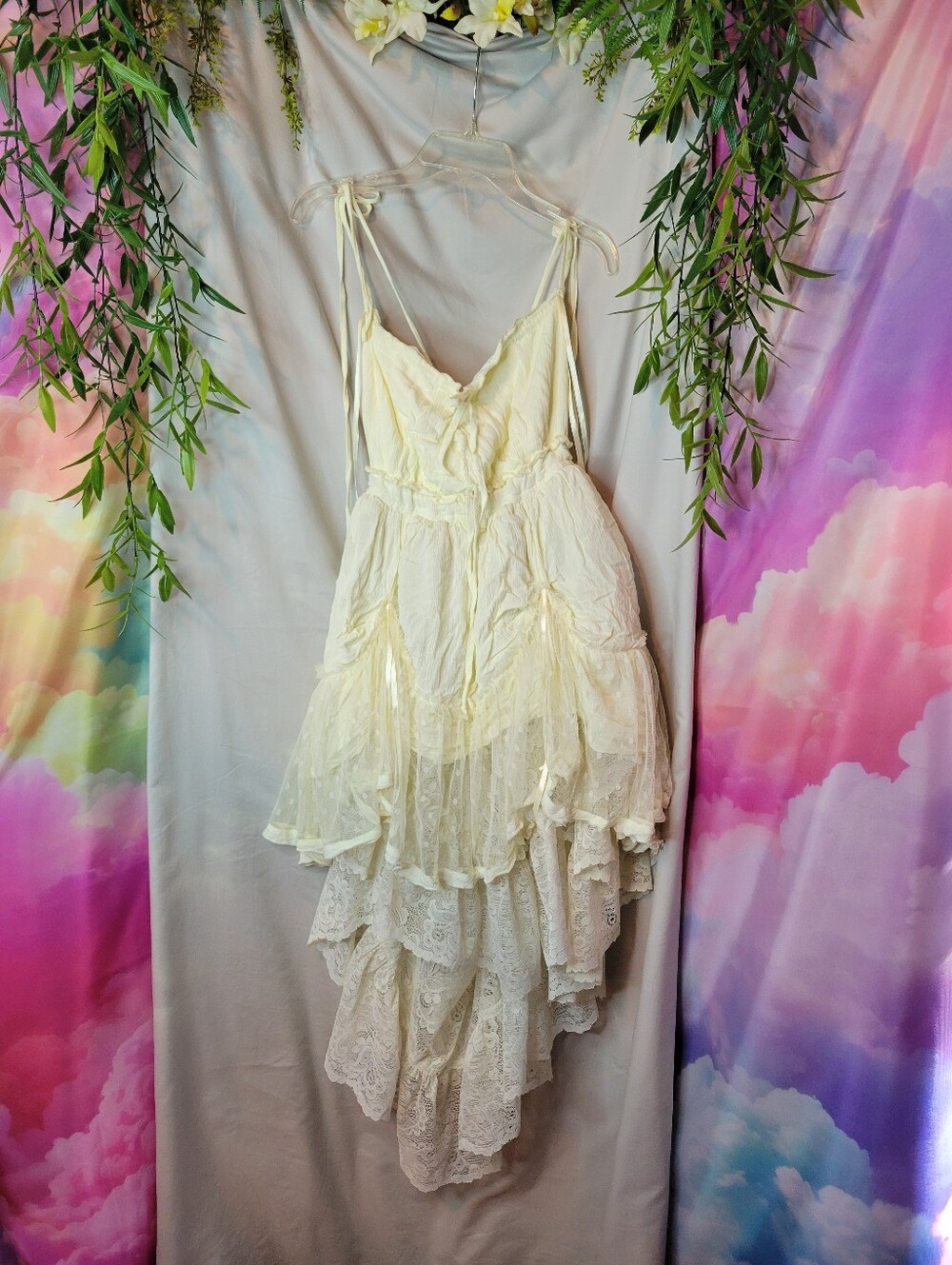 Altered Boho Tie-Shoulder Cream Multi Layeres Lace Adjustable Midi Dress